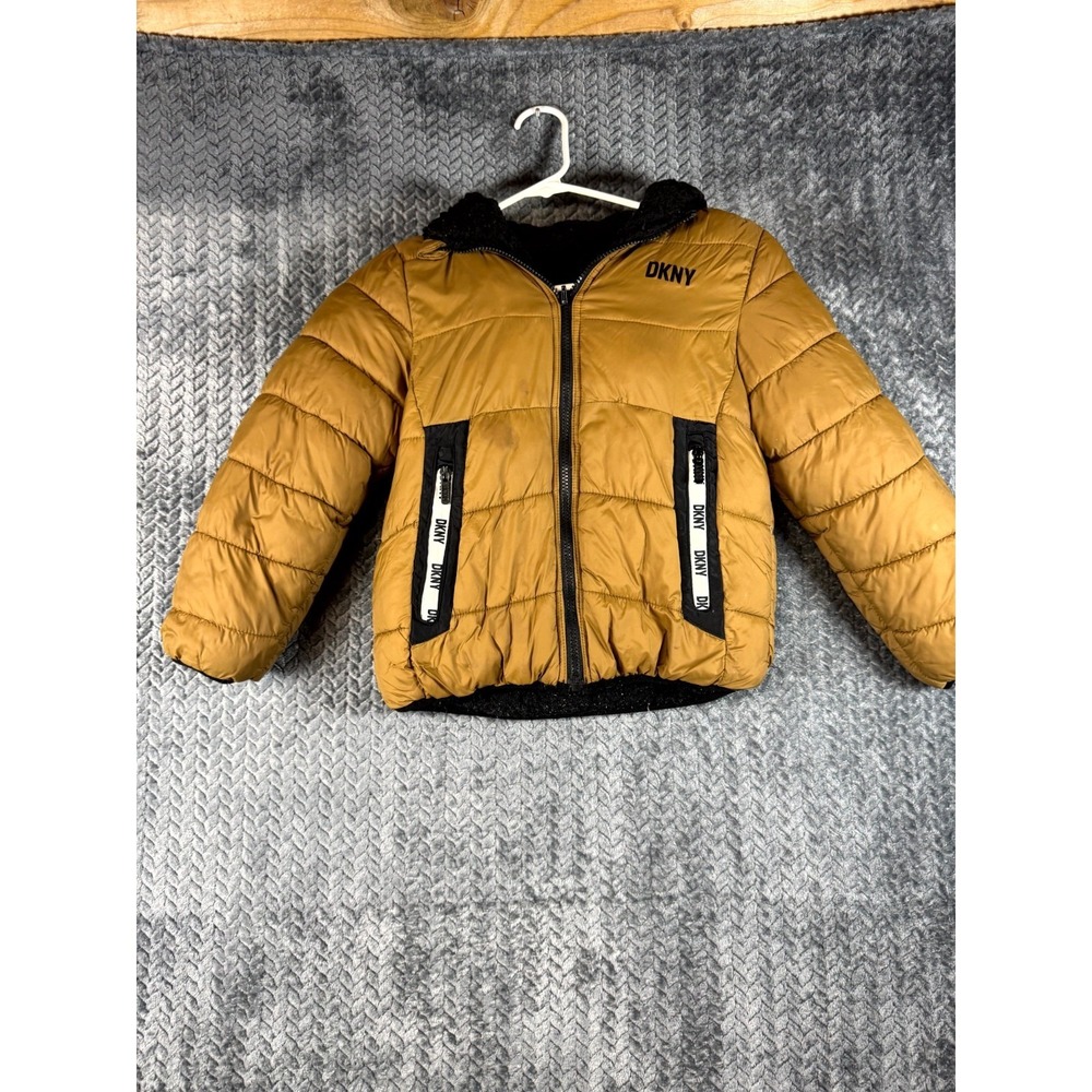 DKNY Puffer Jacket Boys Brown Logo Sherpa Lined Pockets Hooded Full Zip Outdoor